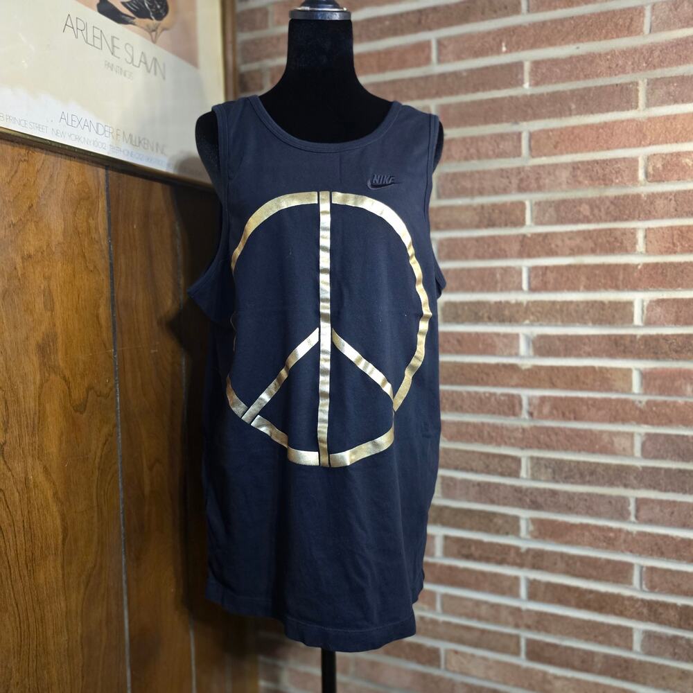 Vintage Nike Black Tank Top Gold Foil Peace Sign Graphic Men's Size L